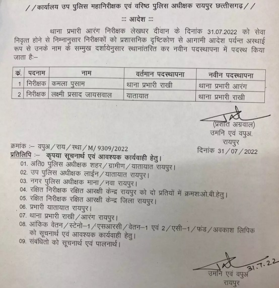 Breaking news : रायपुर एसएसपी ने 2 इंस्पेक्टरों का किया तबादला